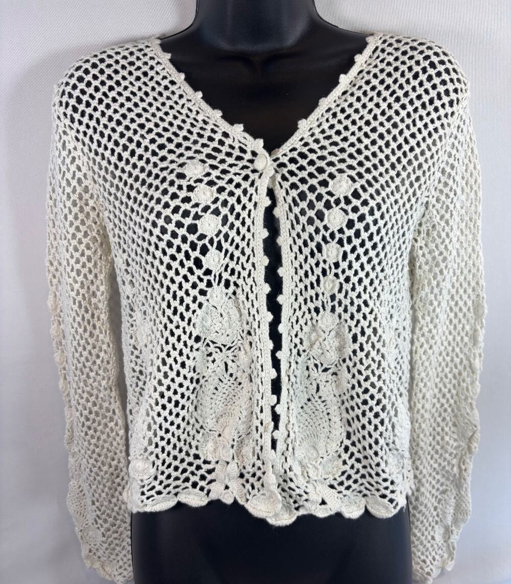 Ramie Cotton Ivory Crochet Open-Knit Button Cardigan Size M Grandmacore Cottage